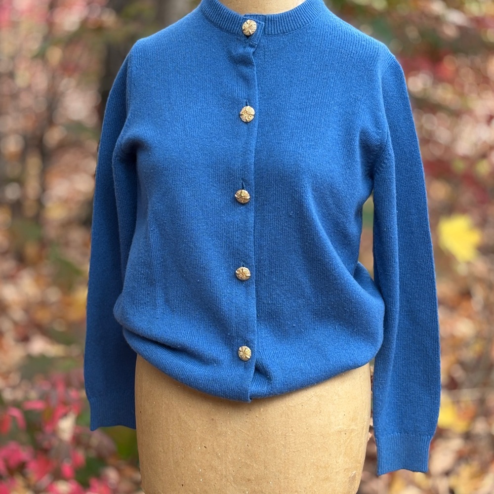 Women's Cashmere Blue Cardigan with Gold Accents